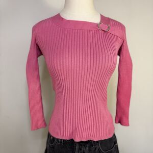 Vtg Rose Pink Ribbed Buckle Neck Long Sleeve Top Indie Glam Fairy Girlcore 90s S
